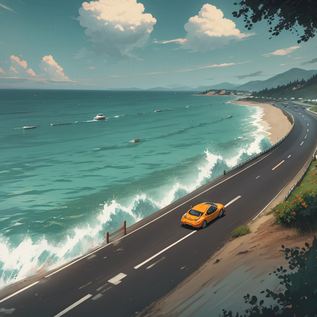 two cars racing on a narrow road overlooking the ocean