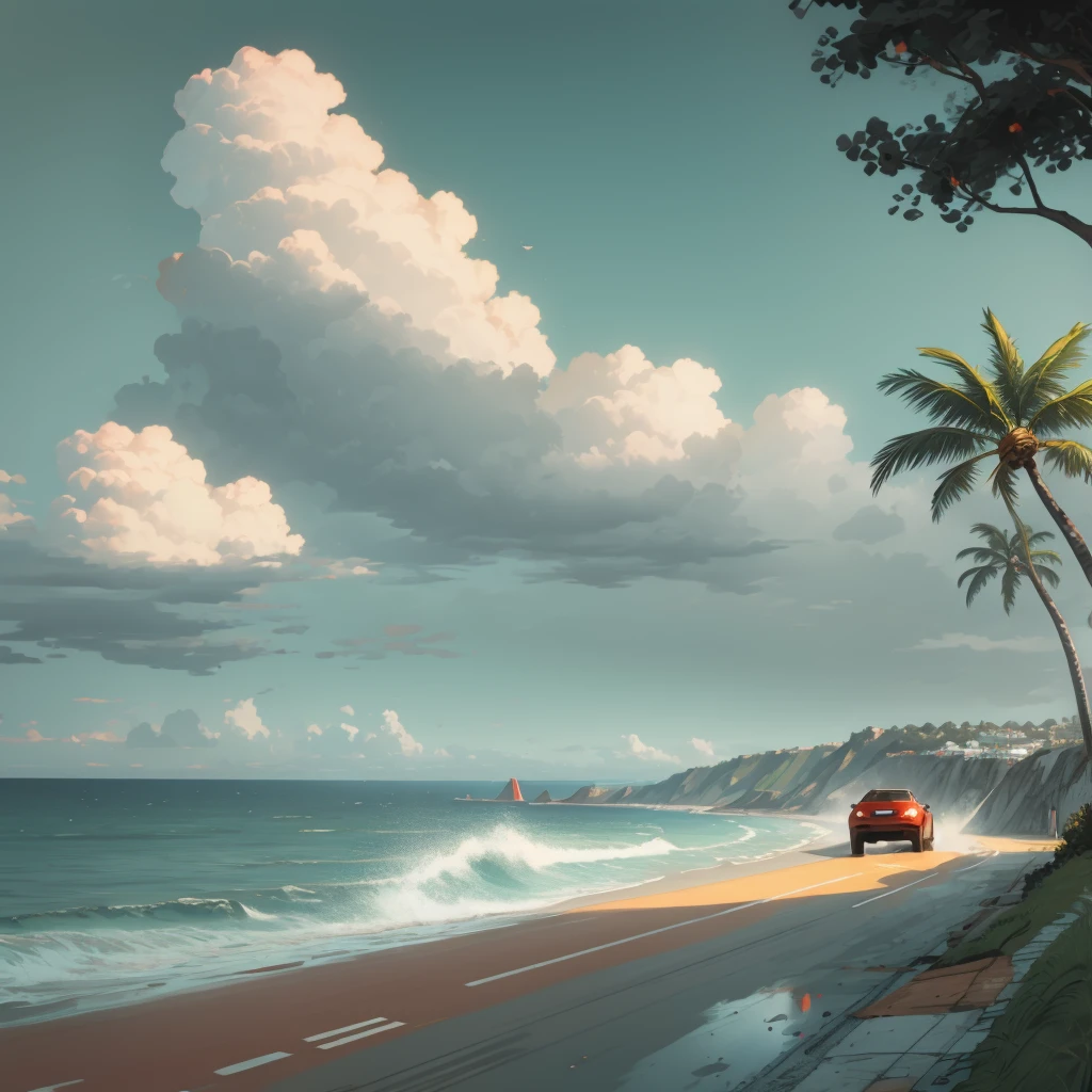 two cars racing on a narrow road overlooking the ocean