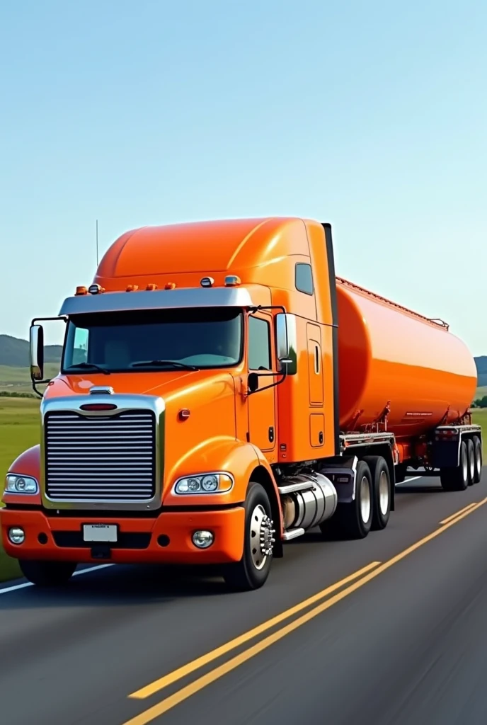 Freightliner Century truck in orange with a tanker of the same color and a label on the tanker that says septic tanks 