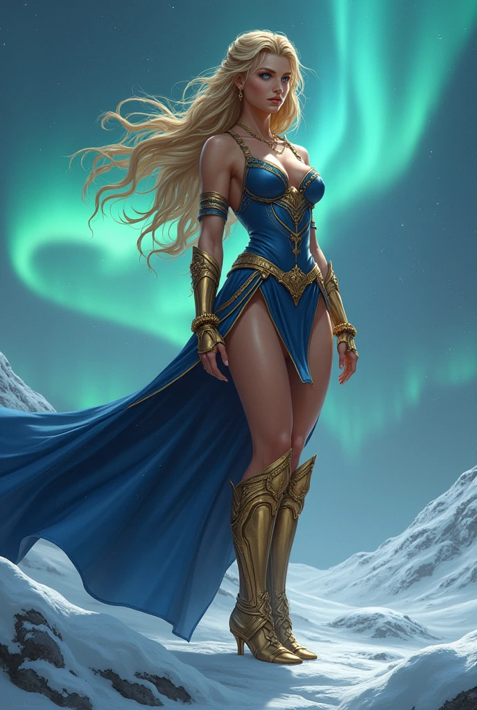 BOMBSHELL BLONDE WOMAN, WARRIOR FEMALE, TANNING SKIN BLUE EYES, HIGH CHEEKBONES, ROSY CHEEKS, MENTAL FORAMEN, HUGE LONG HAIR, DOUBLE BRAID HAIR, VOLUMOUS HAIR, BLUE AND GOLD LEOTARD ARMOUR, BLUE AND GOLD ARMOUR, GOLD GAUNTLETS, STRONG CURVY BODY, MUSCLES, GORGEOUS EXPOSED THIGHS, DETAILED QUADRICEPS, MUSCLES, GOLD FLAT BOOTS, LAID DOWN ON SNOW, SIDE BODY VIEW, NORTHERN LIGHTS, NORTH POLE, SNOW, NIGHT SKY, ACCURATE IMAGE, MASTERPIECE.