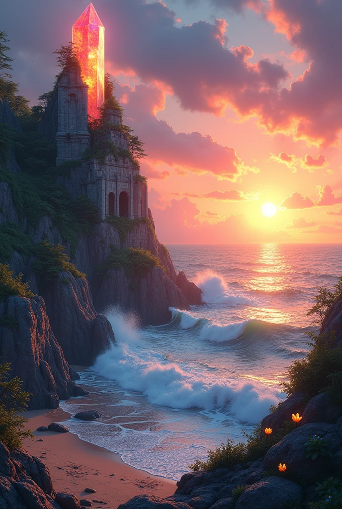 “Create a tranquil, enchanted seaside cliff during a vibrant sunset, where the ocean meets the sky in a cascade of warm hues—deep oranges, pinks, and purples. The cliff is adorned with ancient stone ruins, partially covered in lush, emerald-green vines and glowing flowers. At the edge of the cliff, a massive, glowing crystal structure rises from the ground, its surface reflecting the colors of the sunset. The crystal emits a soft, pulsing light that seems to resonate with the rhythm of the waves
