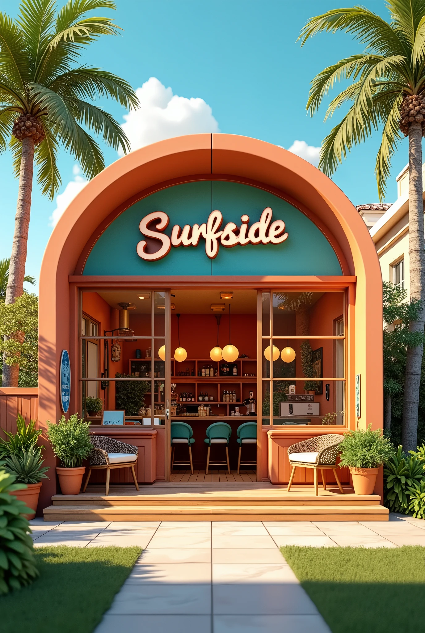(photorealism:1.2), Picture, high qualitity, realistic interior design, Retro surf coffee shop, retro interior, surf decorations, front view of the coffee shop, colorful bar, bay window, colorful rugs and pillows, wooden tables, wicker chairs, big garden lamps, palm trees, exterior garden with grass, name of the coffee shop "SURFSIDE"