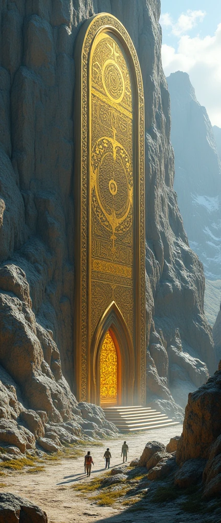 ancient strange ornate golden portal on the side of an ancient mountain with some people around it and it looks like they have a research camp set up