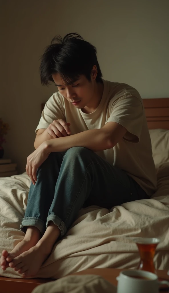 Not feeling good,Asian,Warm colors, full body, sit on the bed
