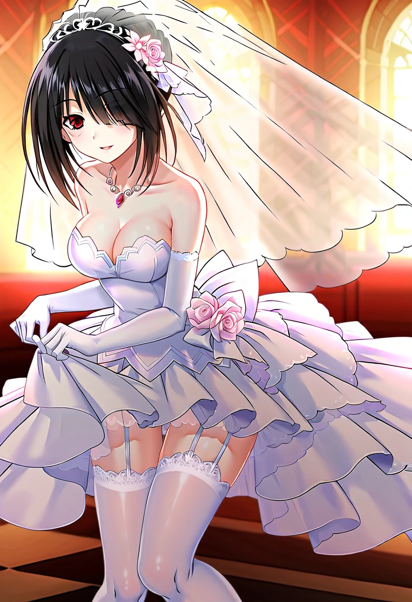 tokisaki kurumi,((masterpiece)),(((best quality))),((ultra-detailed)),((illustration)),((disheveled hair)),((frills)),(1 girl),(solo), 1girl,bare shoulders， black hair ， bow ， bridal veil ， bride， checkered ， checkered floor ， clothes pull ， clothing ， cross， dress， dress lift， dress pull ， earrings， elbow gloves ， female， female only ， full body， garter straps， glass slipper， gloves ， hair bun ， hair over one eye ， hand on window ， headdress ， head turned， high heels ， jewelry， lace ， lace trim ， lace-trimmed legwear， lace-trimmed thighhighs ， legs ， lingerie， long legs， looking at viewer ， necklace ， open dress ， open wedding dress ， parted lips ， red eyes， shoes ， short hair ， short hair with long locks ， side view ， smile ， strapless dress， sunbeam， sunburst， sunlight， thighhighs ， tied hair， veil ， wedding dress ， white bow， white legwear ， white thighhighs， window ,full shot,Rating:safe,
