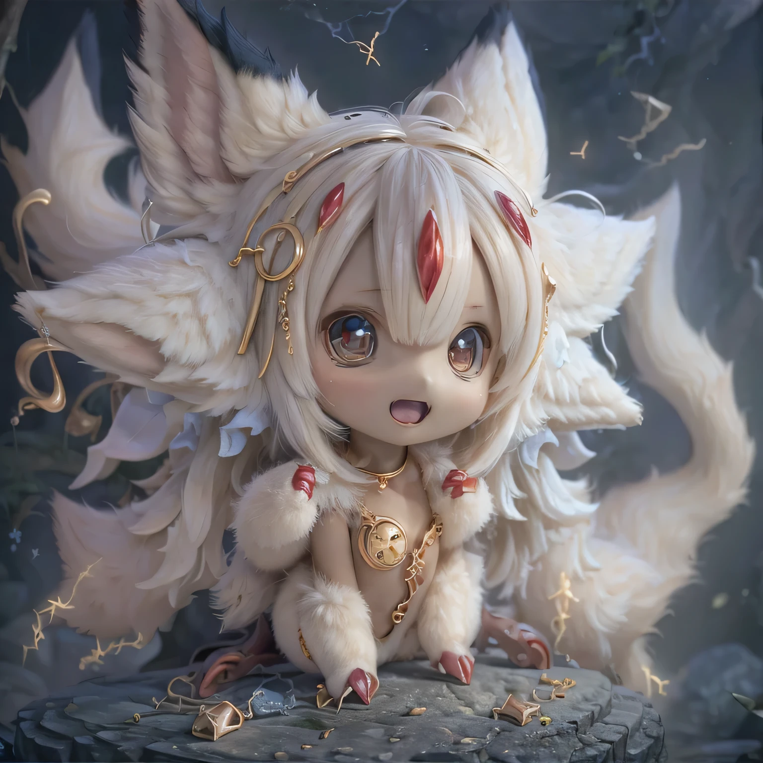 in the garden, smile, Made in Abyss's Faputa. She is beautiful, Beautiful eyes and lips.  (((Chibi Style,))) . Image quality is excellent, Highly detailed and realistic features. The medium of this work is、Combining illustration and photorealistic rendering.. The colors are vivid、The lighting creates a warm and bright atmosphere。 Cute poses for full body comparison,Gray Hair、Black skin and anger