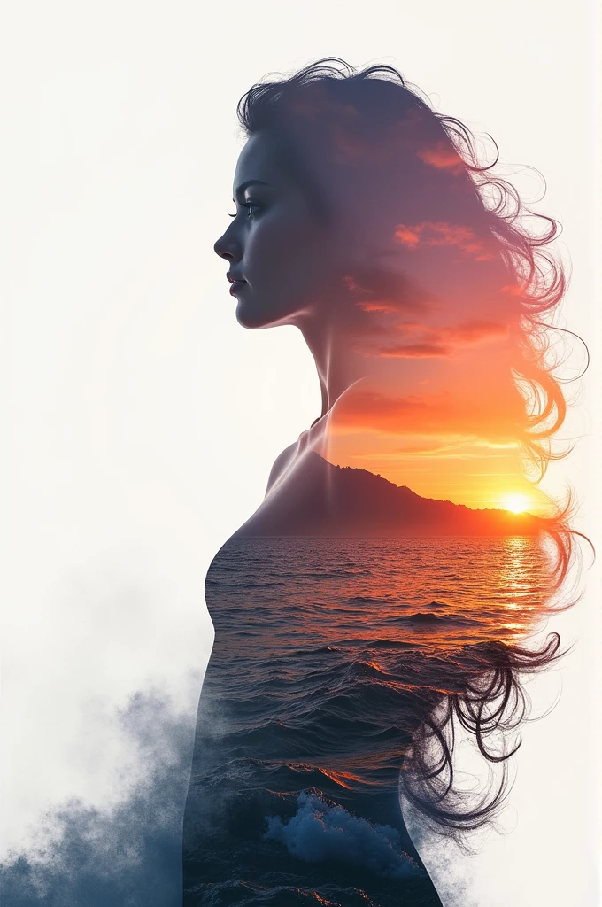 high quality, 8K Ultra HD, A beautiful double exposure that combines an goddess silhouette with sunset coast, sunset coast should serve as the underlying backdrop, with its details incorporated into the goddess , crisp lines, The background is monochrome, sharp focus, double exposure, by yukisakura, awesome full color,