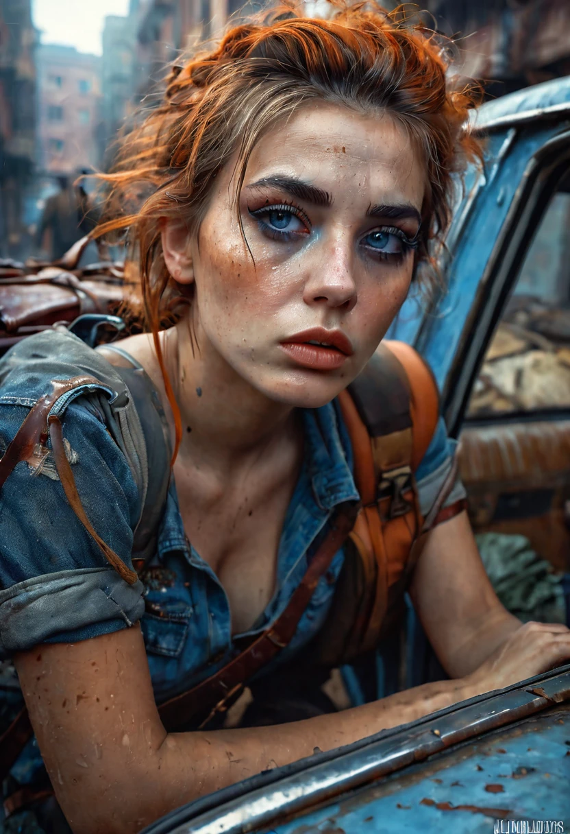 a post-apocalyptic female survivor, old sedan, lots of luggage, ruined city, woman dressed tough, beautiful detailed eyes, beautiful detailed lips, extremely detailed eyes and face, long eyelashes, gritty, grime, weathered, dramatic lighting, cinematic, dark and moody, muted colors, orange and blue color palette, volumetric fog, ray-traced lighting, cinematic angles, highly detailed, award-winning photography, photorealistic, 8k, best quality, masterpiece