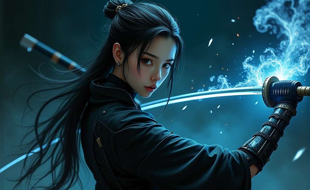 The figure of a samurai girl wielding a katana that seems to be permeated by a dark energy, the girl is Asian with a pale complexion, Deep black eyes, with a determined look, long hair tied with the water flows, His clothes look like they're from some kind of robot., the background is cyberpunk black with unreal dark blue flashes