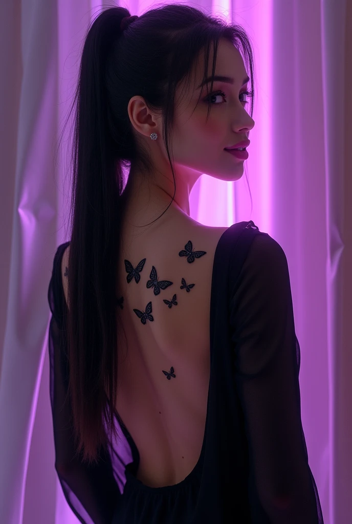beautiful woman, 1, sexy, white, proportional body, has straight black long hair, her hair is tied back in a ponytail, her back is to the camera, her face is slightly turned back and smiling beautifully, wearing a black long sleeve blouse with the back open showing a text tattoo of several butterflies and text "Dya Dwi" to viewer. around the outline of his body there were a purple rays