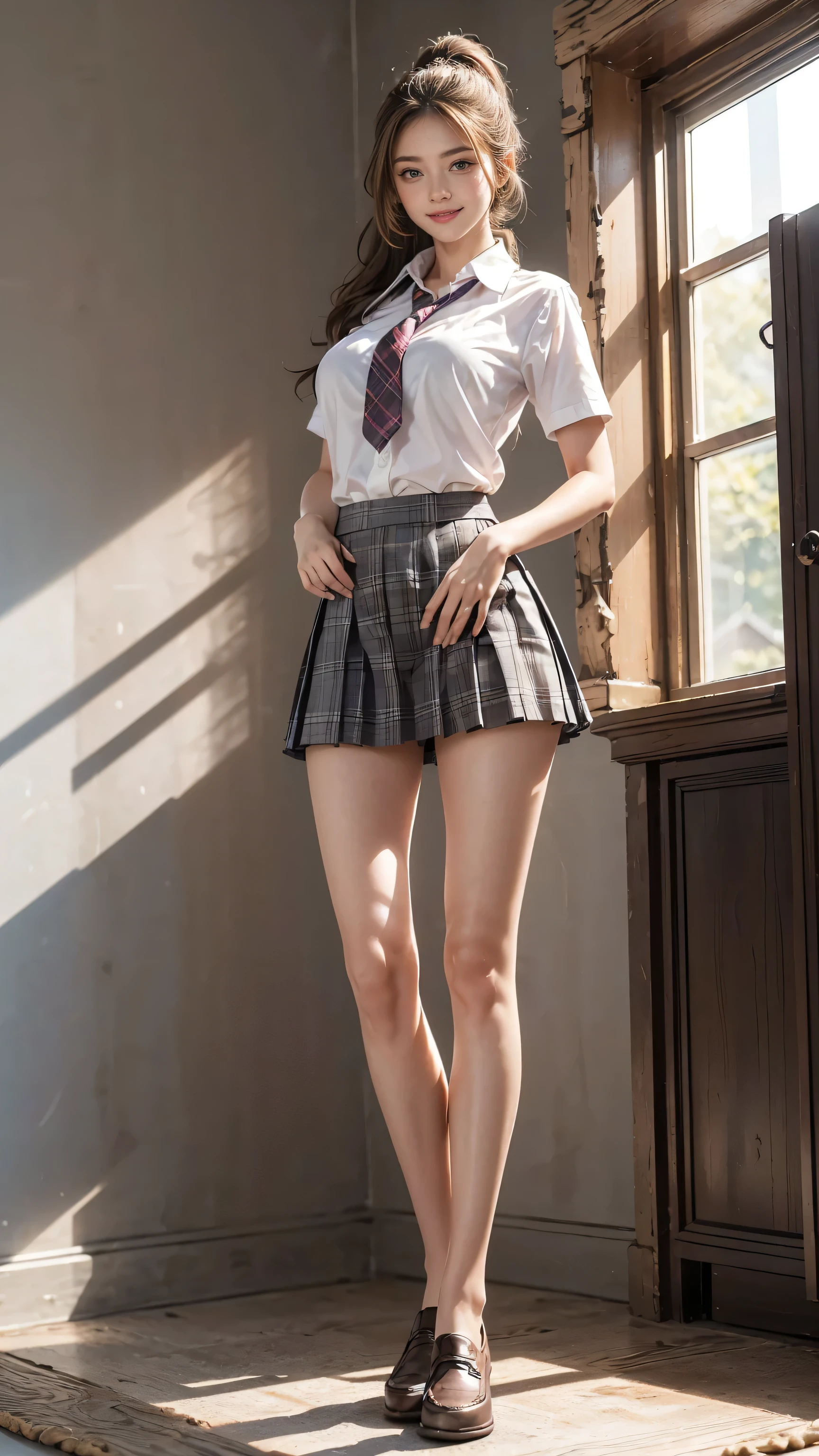 ((Highest quality, Tabletop, Ultra-high resolution、The most complex and detailed depiction))、(Bright lighting:1.1)、(Beautiful woman:1.1)、(Very light wavy hair:1.5)、(voluminous ponytail:1.5)、((high school girl)),(((Collared short-sleeved shirt, White shirt, school uniform, pink plaid pleated skirt, tie)),((Ultra-short micro mini skirt)),((Black Loafers)), (Sexy pose:1.5),Best smile:1.5，Full Body Shot:1.5，Gray background:1.5，Blonde wavy hair:1.8,Random Blonde:1.8,Curly Hair:1.8,Long Hair:1.5,sleek bangs:1.8,Large Breasts:1.2,gal,Sunburned skin:1.9,Thin fingers:1.5,The whites of the eyes are clear:1.8,Centered:1.5,(Tall:1.9,The legs are thin and long:1.8)、Perfect Makeup:1.3、Natural Lip:1.3、Dark eyeshadow:1.6、smile:1.8,