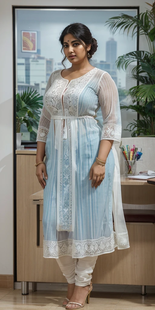 Day scene, A radiant, full-figured South Indian 3 aunty a white colour chiffon fully transparent kurta, bra visible through kurta, ,standing, in a office captured in a full-body image with vibrant hues and meticulous details. Full body image