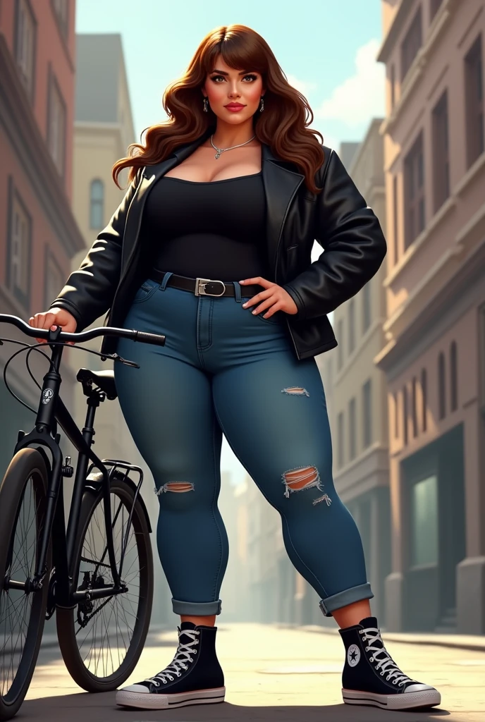 A woman of robust build and thick legs, Long wavy brown hair in layers to the elbows and straight curtain bangs. Dressed in denim jeans, black blouse, black leather jacket and black comverse boots. With a black bicycle, movie style cartoon Disney Pixar digital art