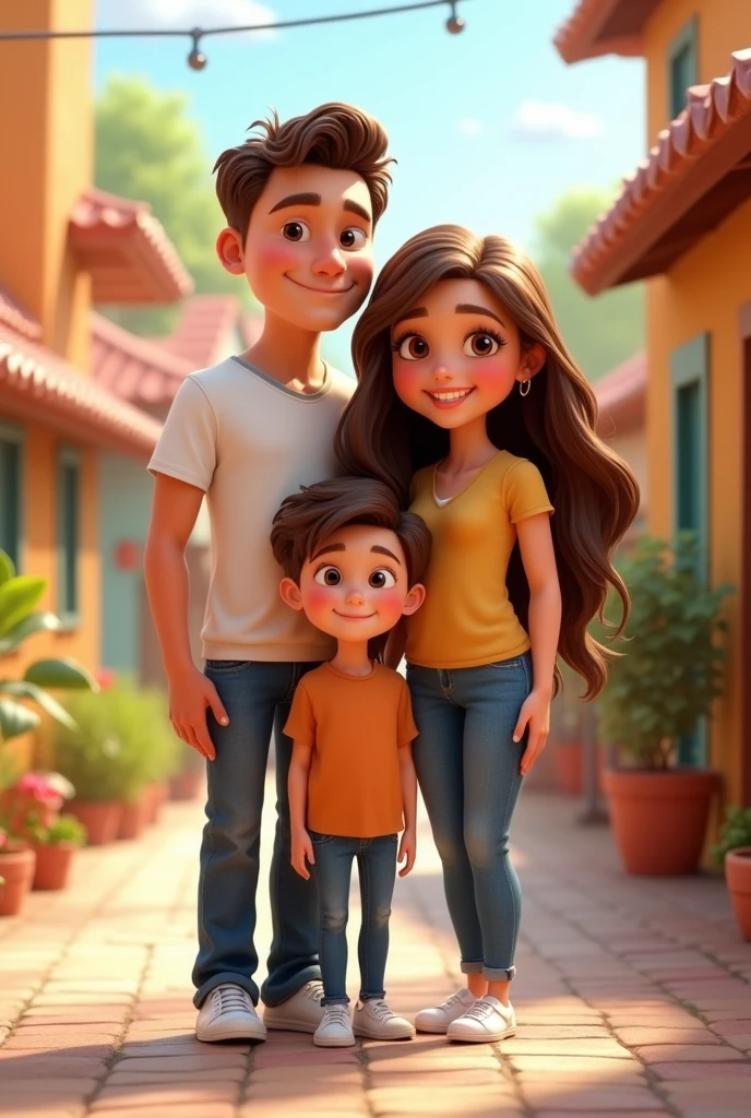 pixar style image of family; hombre con y White shoes, short brown hair,30 year old woman white skin long brown hair, with jins and blouse, White shoes , girl with long brown hair,jins y White shoes, niño 3 años pelo corto con jins y White shoes, all together