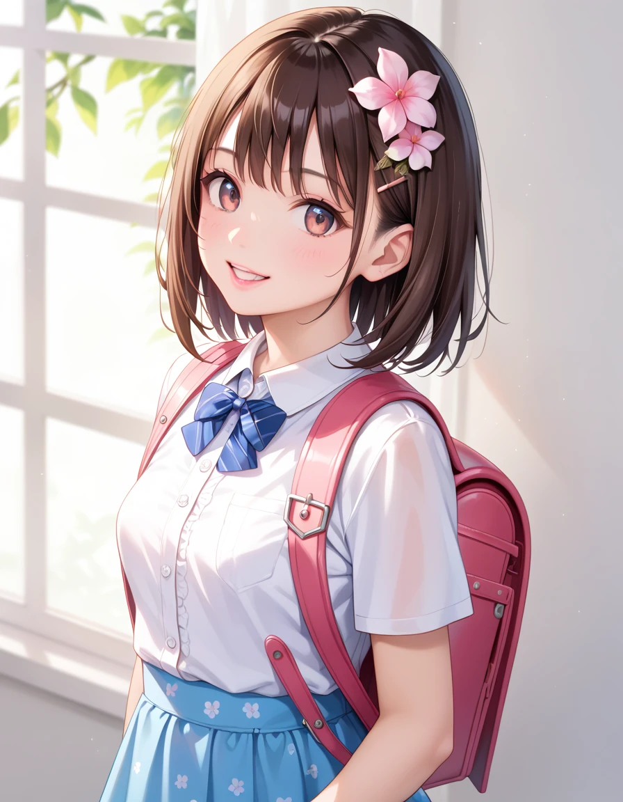 Masterpiece, high quality detailed,highres,anime,detailed image,(an illustration of a teenage girl posing,(an illustration of girl,teenage girl)),1girl,medium hair,brown hair,hair ornaments, pink lipstic, small breasts),((Dampened Smile):0.8),detailed_face, flower_dress,white_floral_printed):0.85),(,realistic clothing texture,realistic_skin_texture), wearing red backpack, (backpack:1.2), school backpack, square backpack