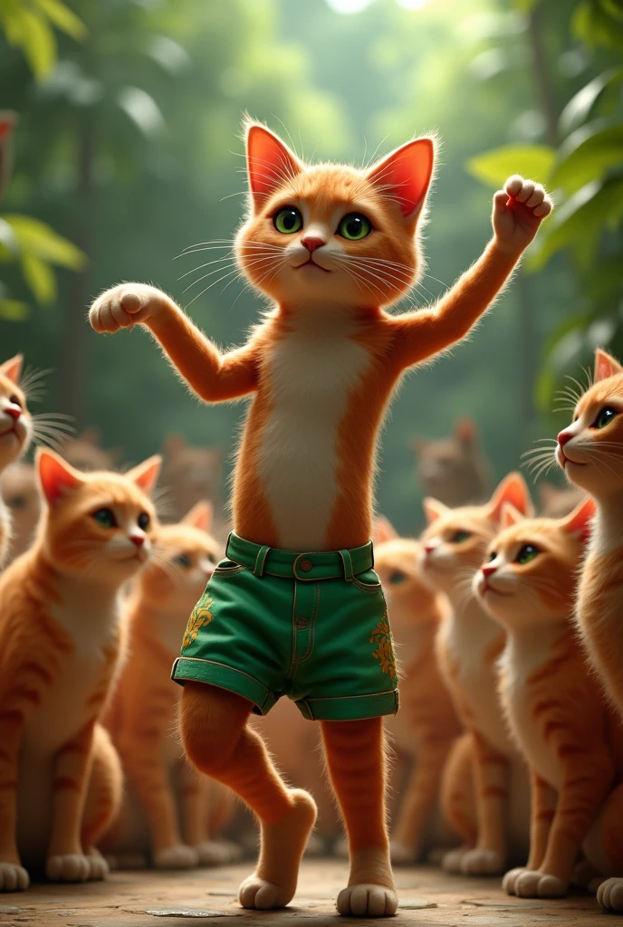 an anthropomorphic cat, dancing, around many cats looking at it, red green, shorts, green color, black polo lights effect, cinematic, ultra-realistic, ultra-realistic 3D 16k.