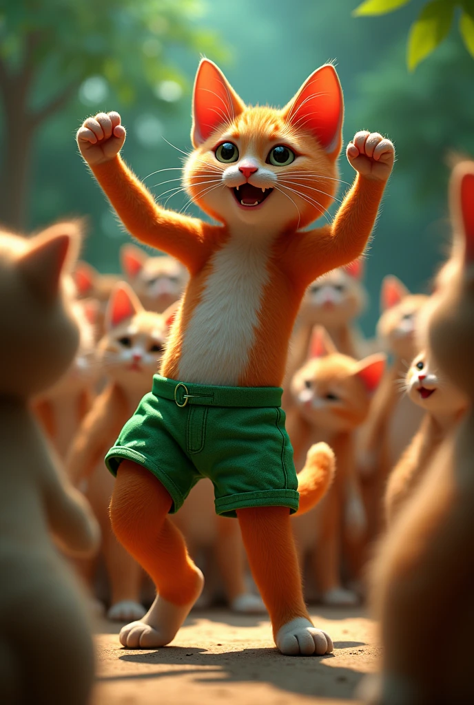 an anthropomorphic cat, dancing, around many cats looking at it, red green, shorts, green color, black polo lights effect, cinematic, ultra-realistic, ultra-realistic 3D 16k.