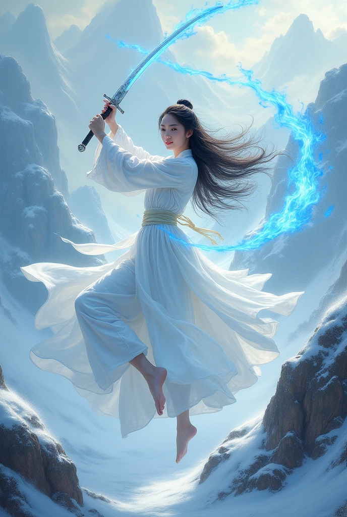 Snow mountain sword painting method, Ancient style woman's cold ice flame sword, Holding a sword burning with blue flames, Dancing with a sword in white clothes, long hair flowing in the snow, Beautiful woman holding a silver sword, Wear jade jewelry, Her face is full of confident smile, She is suspended in the clouds like a fairy, Behind her are layers of mountains