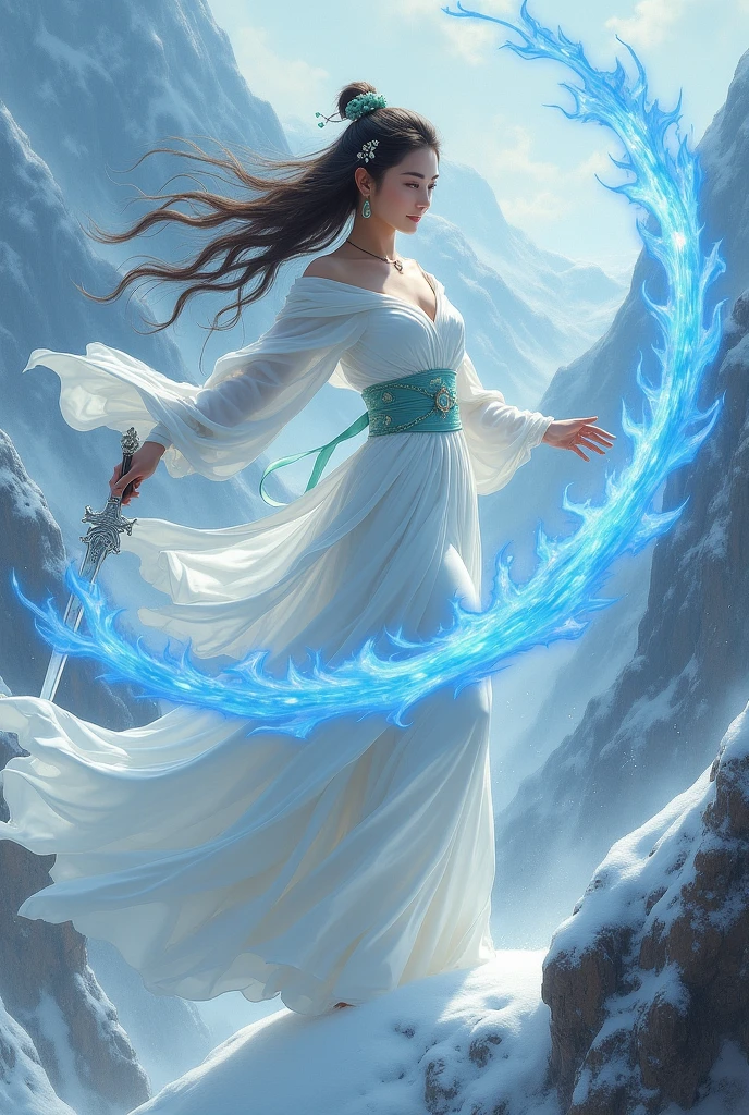 Snow mountain sword painting method, Ancient style woman&#39;s cold ice flame sword, Holding a sword burning with blue flames, Dancing with a sword in white clothes, long hair flowing in the snow, Beautiful woman holding a silver sword, Wear jade jewelry, Her face is full of confident smile, She is suspended in the clouds like a fairy, Behind her are layers of mountains  