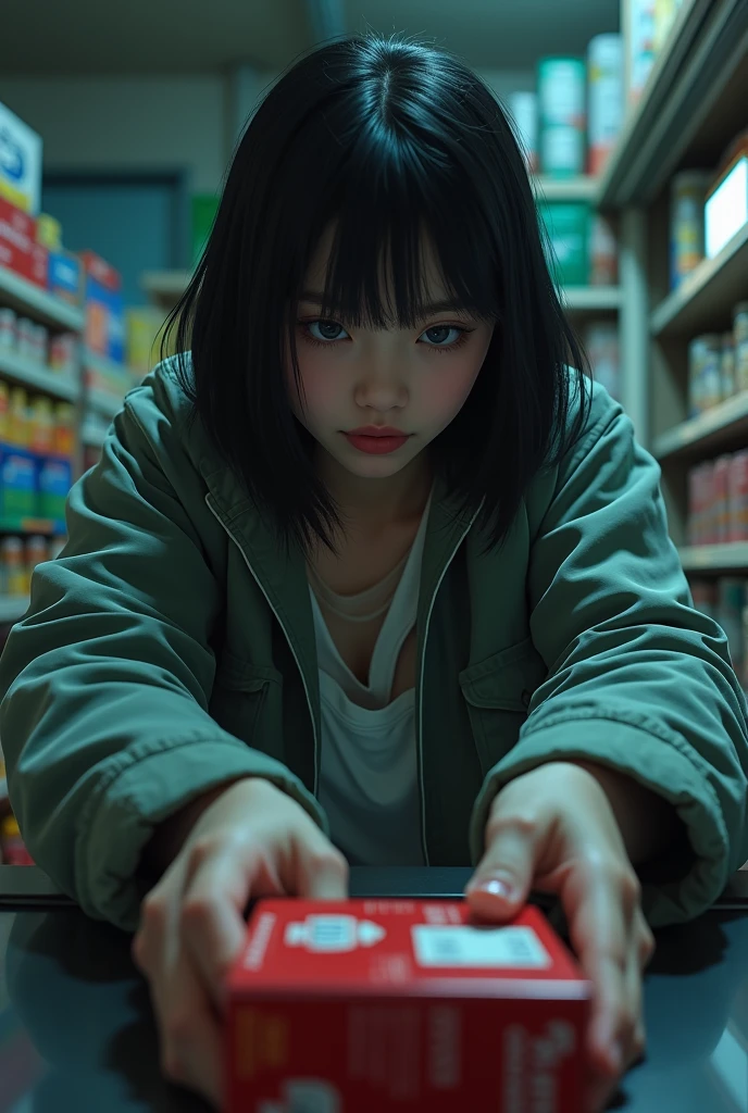 Girl secretly buying a pack of red skin cigarettes in a store 
