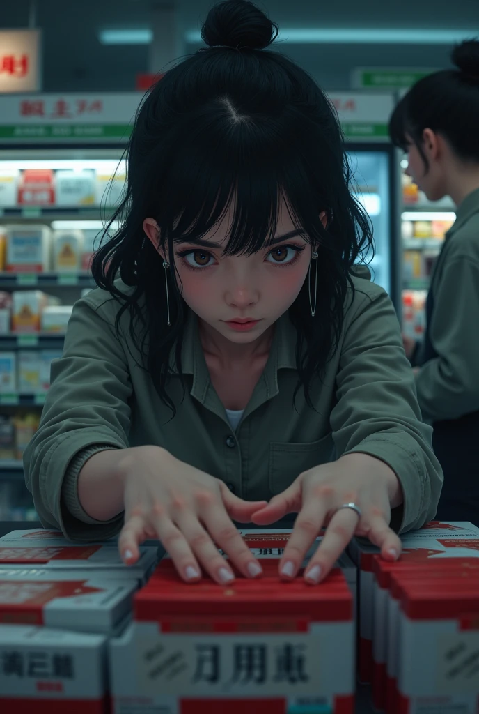 Girl secretly buying a pack of red skin cigarettes in a store 