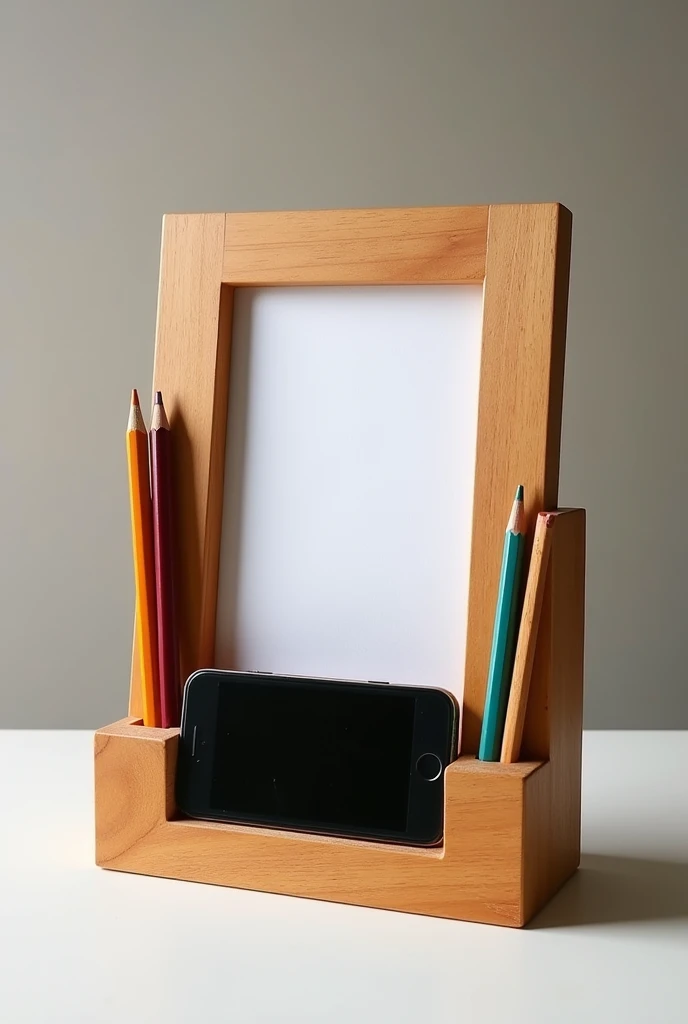 The wooden photo portrait Let the photo be on the back and at the bottom to place the cell phone horizontally and on the left and right side place the pencils