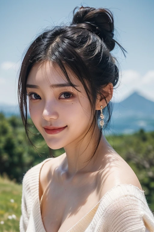 (2 pure Japanese girl,), (Small breasts:1.5,),(Mole on left side of neck:1.5),(solo,,Textured skin, Detailed skin,Detailed face,Detailed eyes,detailed posing,Natural eyebrows,Sparkling Eyes,High detail, Highest quality, Super detailed, Surrealism, ,8k,RAW Photos,Photographicism,Professional Lighting,Ray Tracing,Portrait Photography,Natural Light),(((Black Hair, Natural Makeup,Simple earrings, Low bun hairstyle,))),(((V-neck sweater,smile,Mountain top)))