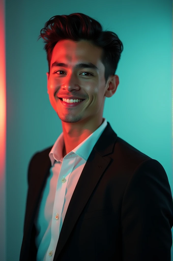 A young man with dark hair and a confident smile. He is dressed in a black blazer over a white shirt. The man is positioned against aqua colour backdrop with a subtle red lighting on the left side. and he posing for Linkedin profile