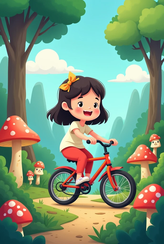 Girl riding a bicycle,Cartoon characters on forest island,cute,Two-headed body。Flat art style