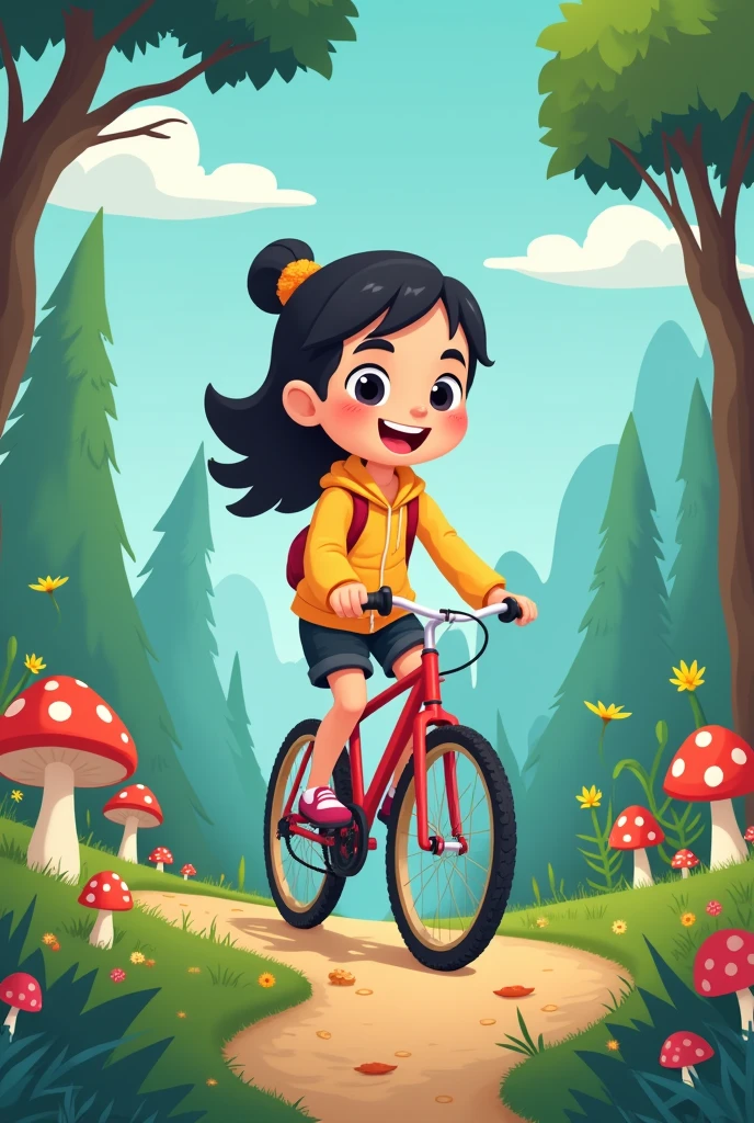 Girl riding a bicycle，Cartoon characters on forest island，cute，Two-headed body。Flat art style