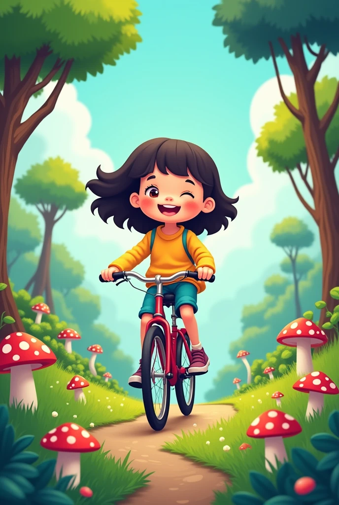 Girl riding a bicycle,Cartoon characters on forest island,cute,Two-headed body。Flat art style