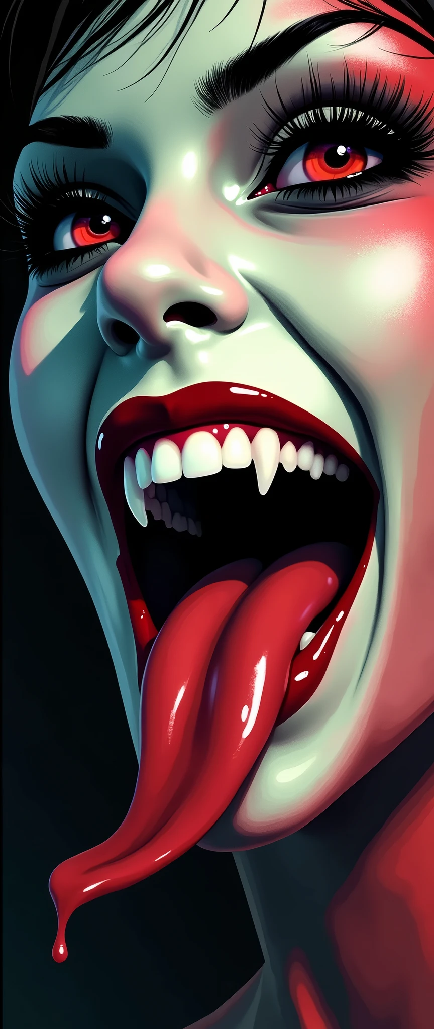 (masterpiece:1.2,Exceptional Quality,mirror-like,Cinematic Experience,Best illustrations:2.0),8k,wallpaper,(Beautiful Dracula woman face:2.0),(Dracula's makeup:1.6),(Fang-like teeth:2.0),(Black Lips:2.0),(Black tongue with shiny gloss:2.0),(Super sexyな顔:2.0),(Super sexy:2.0),(Super-functional:2.0),(dynamic:2.0),(The woman is sticking out her tongue and trying to bite a human.:1.6),(pop:2.0),(progressive:2.0),(psychedelic:2.0),(Vector art:2.0),(Flat Design:2.0),(Detailed face:2.0)