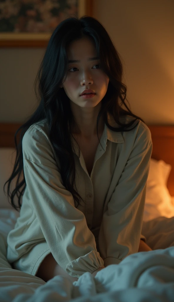 Not feeling good，Asian women，Warm colors, full body, sit on the bed