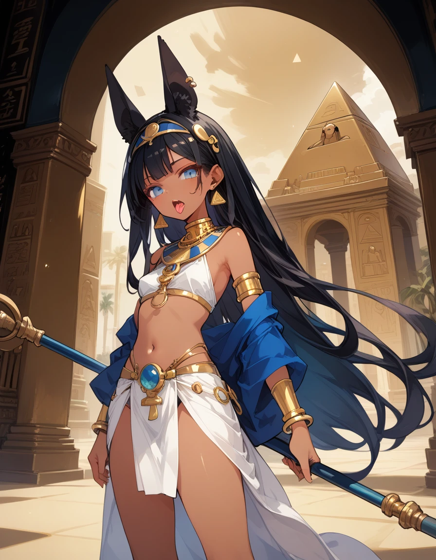 score_10,score_9_up,score_8_up,score_7_up, hadrian, small breasts,expressionless, looking at viewer, seductive, with Pyramid of Khufu view, in Egypt, female anubis, egyptian clothes, egyptian mythology, truncheon,staff, long black hair, dark skin, open mouth, tongue, lewd,