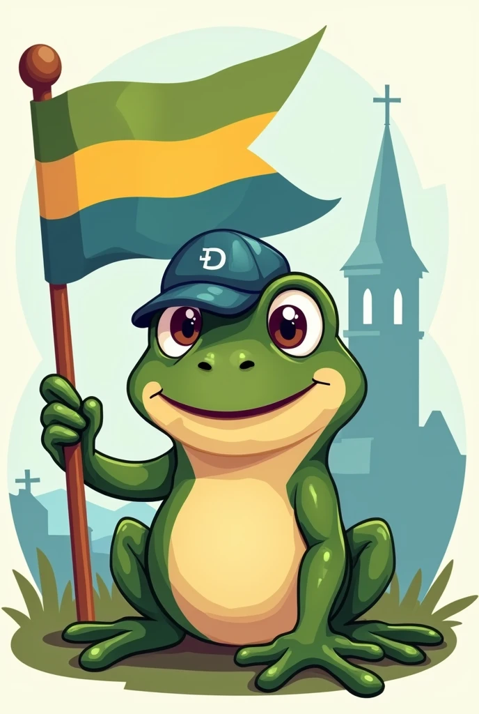 A cute 2D toad, cheered up , seated, that holds in its paws a flag with horizontal stripes only yellow and light blue. That the toad has a typical hat of today's Marching band, and in the background there is the silhouette of a ruined church. Let it be used as an emblem, so it is not very complicated to replicate
