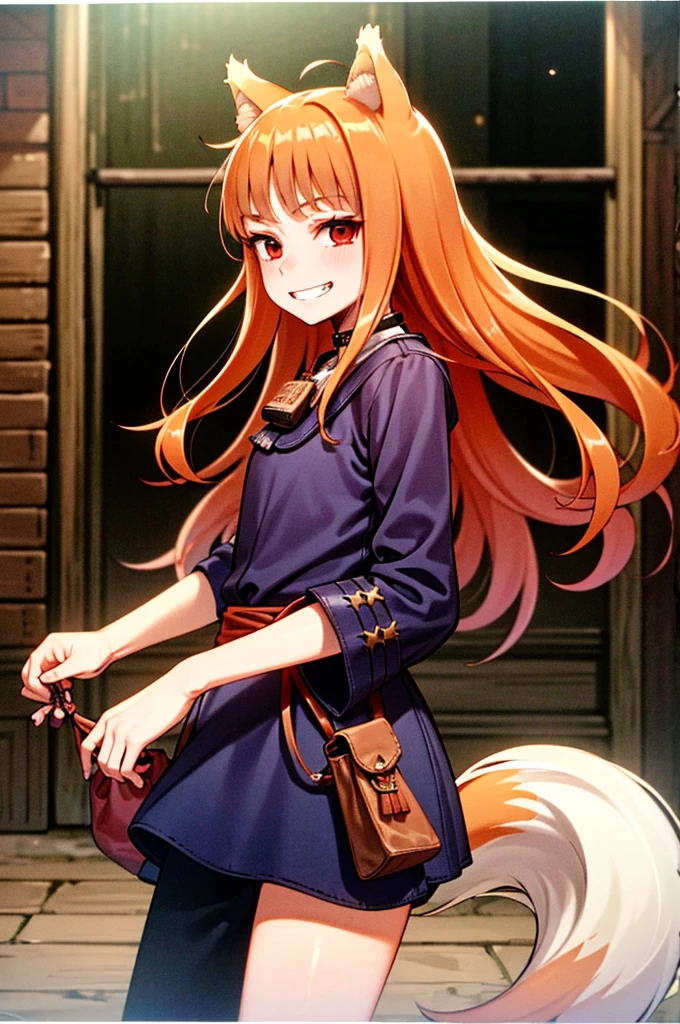 masterpiece, Highest quality, High resolution, One person, Long Hair, Brown Hair, Wolf Ears, Red eyes, Wolf's tail, White tips of ears、The tip of the tail is white、A small cloth bag,Hanging from the neck, Are standing, Cowboy Shot, smile, Double teeth