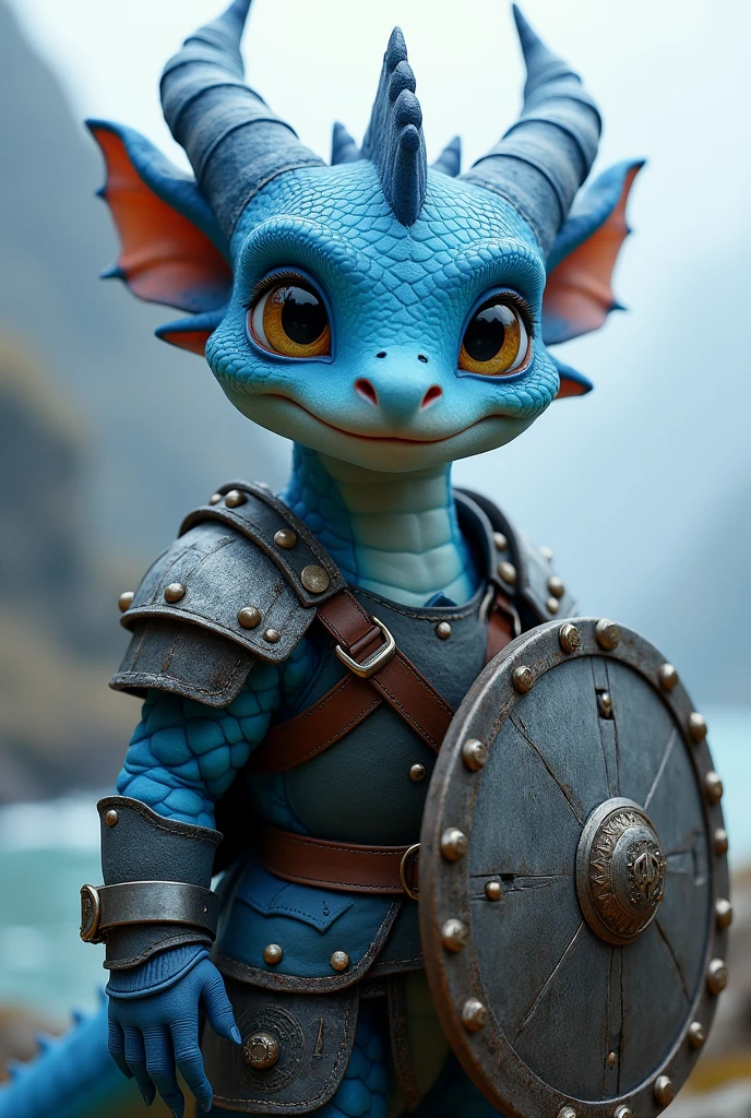 Make a realistic dragon, young and tender blue-colored boy wearing Viking armor with his helmet and shield