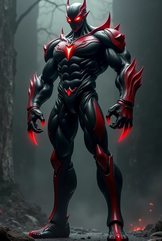Evil Ultraman、All black and red、Excessive muscle mass、Showing the whole body、With a bad look in your eyes、Lengthen your legs、Pointed shoes、Stand upright