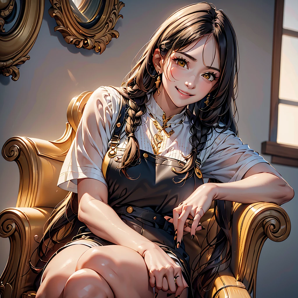women, long hair with 2 braids, by white, honey yellow eyes, Purple overalls with black blouse, long black nails, sitting on an armchair in a room, full body, chest a little big, bright smile, mischievous smile.