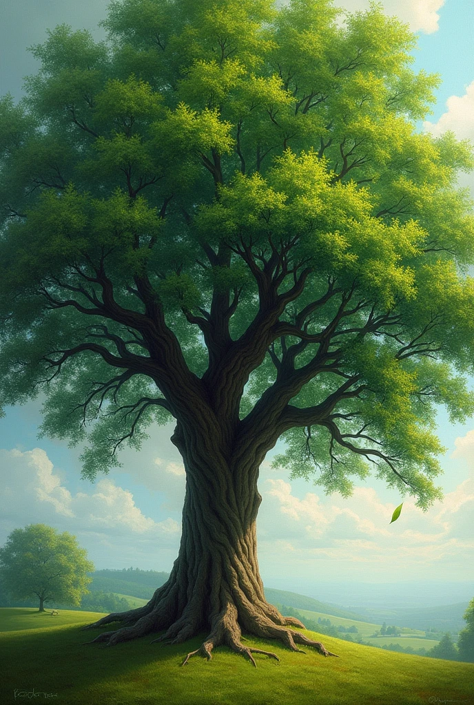 Oil painting of a large tree with many leaves and a single leaf falling moved by the wind