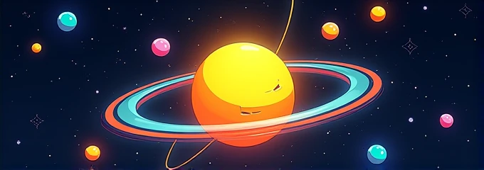 A yellow-orange nucleus with atoms orbiting on it with an outer space background with stars (cartoony).