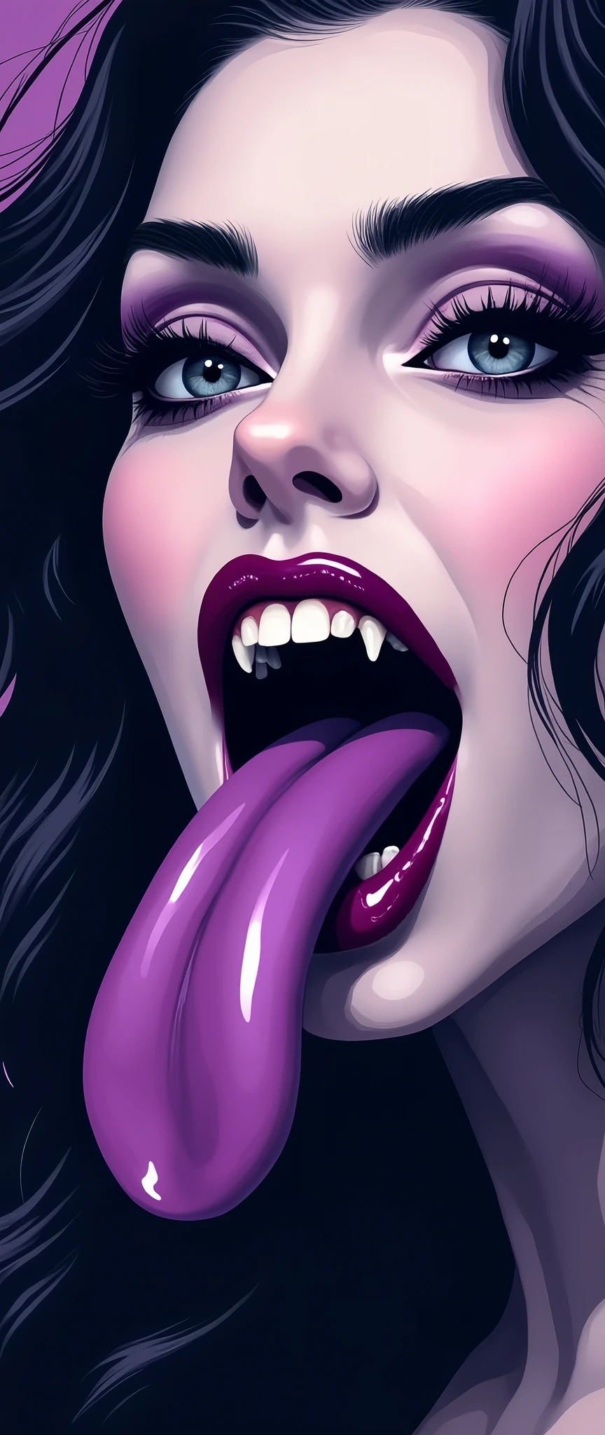 (masterpiece:1.2,Exceptional Quality,mirror-like,Cinematic Experience,Best illustrations:2.0),8k,wallpaper,(Beautiful Dracula woman face:2.0),(Dracula's makeup:1.6),(Fang-like teeth:2.0),(Purple lips:2.0),(Purple tongue with shiny gloss:2.0),(Super sexyな顔:2.0),(Super sexy:2.0),(Super-functional:2.0),(dynamic:2.0),(The woman is sticking out her tongue and trying to bite a human.:1.6),(pop:2.0),(progressive:2.0),(psychedelic:2.0),(Vector art:2.0),(Flat Design:2.0),(Detailed face:2.0)