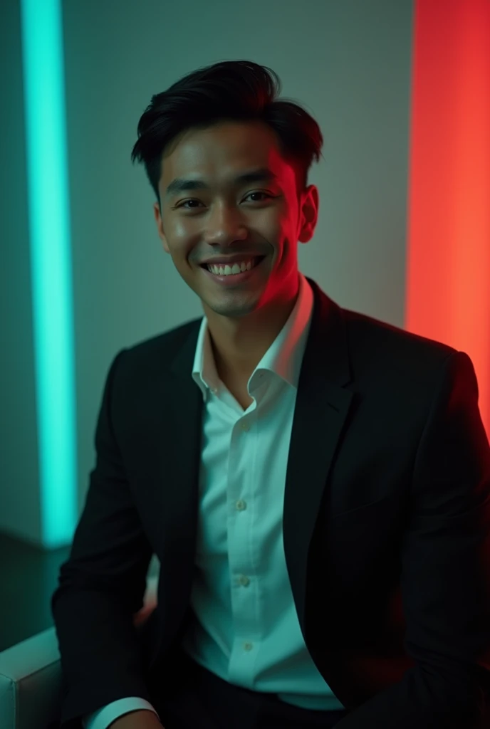 A young Man With Dark hair and a confident smile He is Dressed in a black blazer over a white shirt The man is positioned against aqua colour backdrop with a subtle red lighting on