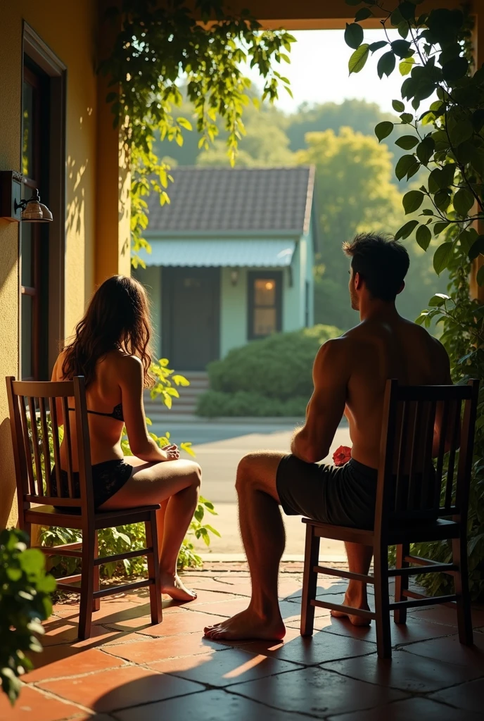 A man on his porch watching a woman on the porch across the street, she sitting with her legs open on a chair, wearing only lingerie. him without a shirt. A Latin vibe, sexly, Voyeur.