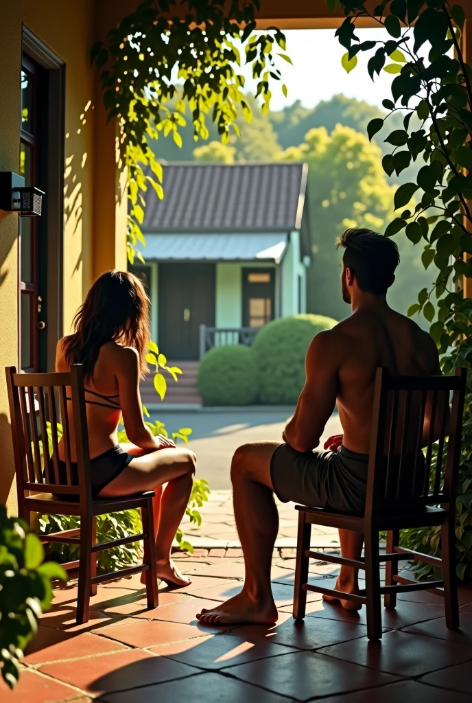 A man on his porch watching a woman on the porch across the street, she sitting with her legs open on a chair, wearing only lingerie. him without a shirt. A Latin vibe, sexly, Voyeur.