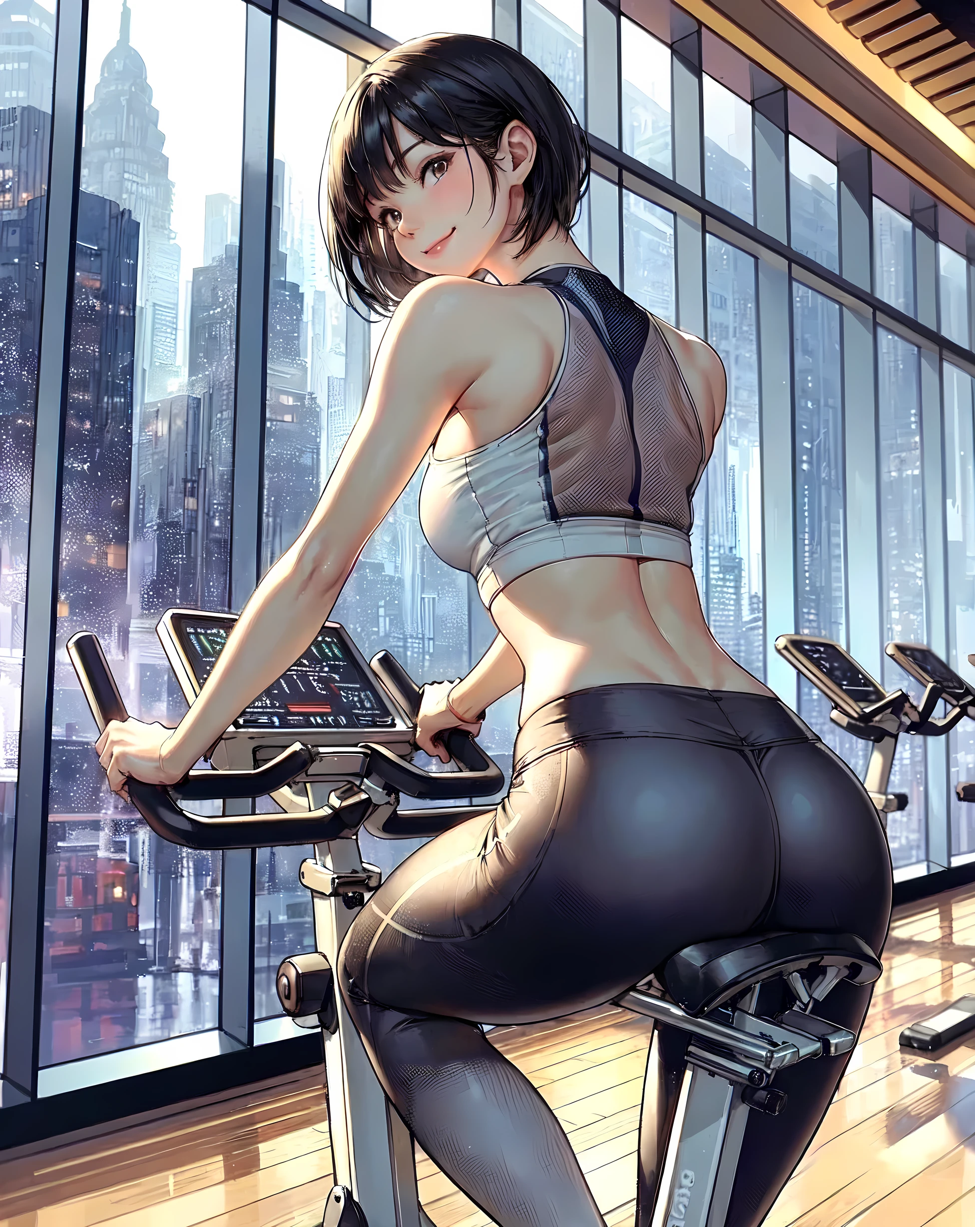 1lady solo, (sitting on air bike) (pedaling air bike), (looking back) (from behind), (stylish gym outfit), (cropped top) (yoga pants), (mature female:0.8), /(black hair/) bangs, kind smile, (masterpiece best quality:1.2) delicate illustration ultra-detailed, large breasts BREAK (fitness gym) indoors, various fitness equipment, energetic, detailed background