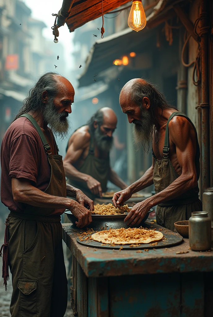 Vagabonds(very very dirty and sick) working at a taco stand