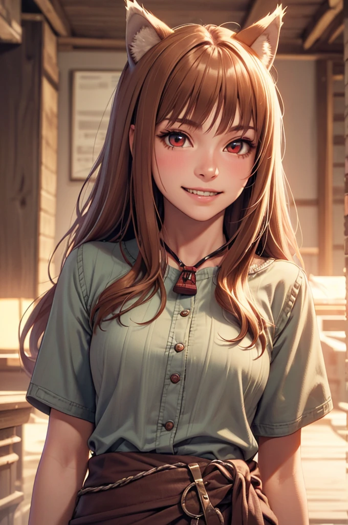 a highly detailed and intricate portrait of a girl with long brown hair, wolf-like ears, red eyes, and a wolf-like tail, wearing a small fabric pouch hanging from her neck, standing in a cowboy shot pose and smiling to reveal her sharp canine teeth, (best quality,4k,8k,highres,masterpiece:1.2),ultra-detailed,(realistic,photorealistic,photo-realistic:1.37),extremely detailed eyes and face,longeyelashes,beautiful detailed eyes,beautiful detailed lips,1girl,wolf ears,red eyes,wolf tail,white ear tips,white tail tip,small fabric pouch,standing,cowboy shot,smiling,sharp canine teeth