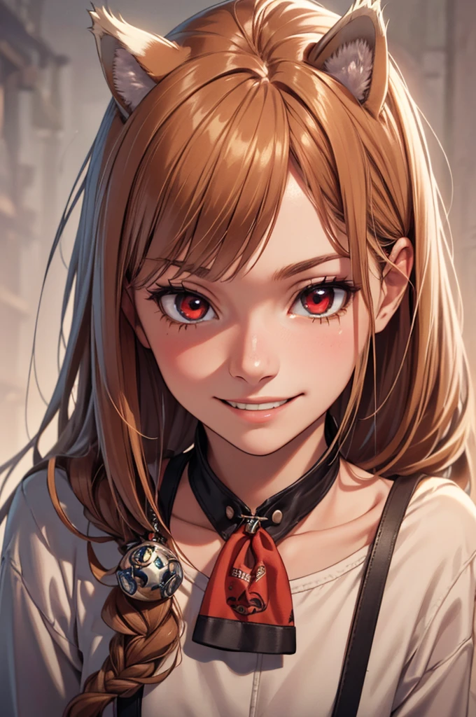 a highly detailed and intricate portrait of a girl with long brown hair, wolf-like ears, red eyes, and a wolf-like tail, wearing a small fabric pouch hanging from her neck, standing in a cowboy shot pose and smiling to reveal her sharp canine teeth, (best quality,4k,8k,highres,masterpiece:1.2),ultra-detailed,(realistic,photorealistic,photo-realistic:1.37),extremely detailed eyes and face,longeyelashes,beautiful detailed eyes,beautiful detailed lips,1girl,wolf ears,red eyes,wolf tail,white ear tips,white tail tip,small fabric pouch,standing,cowboy shot,smiling,sharp canine teeth