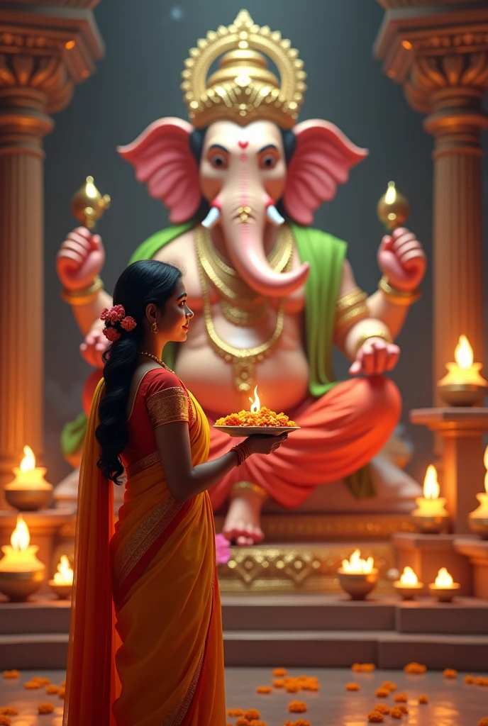 Create an image of Divya , a 20-year-old Indian girl, standing in a traditional temple, offering a plate of flowers and harathi to a large statue of Lord Ganesha. She is dressed casually in a designed red,yellow , gold and silk saree. The temple surroundings are adorned with oil lamps and marigold. happy.